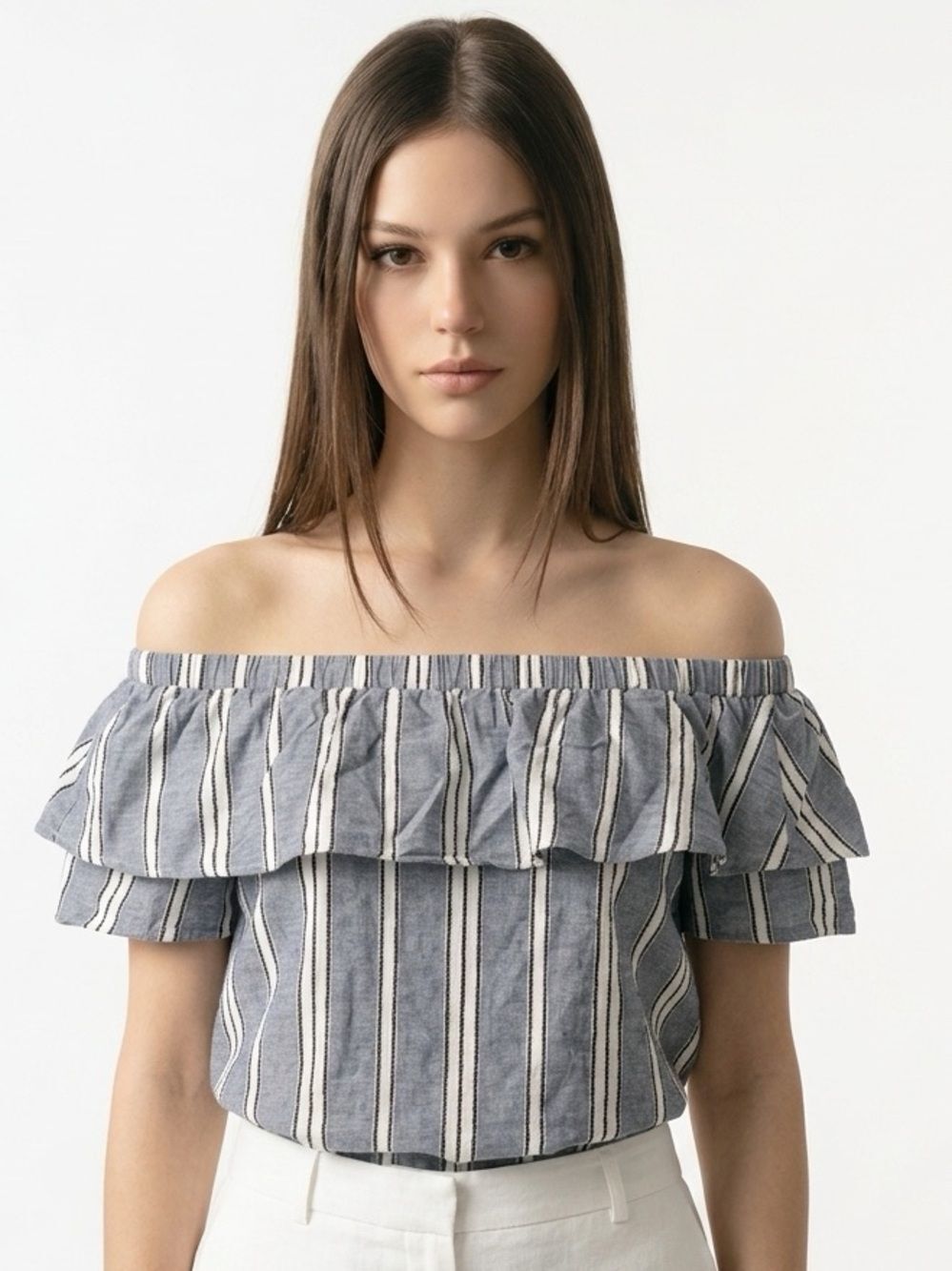 EVERLY | Off the Shoulder Striped Ruffle Top M